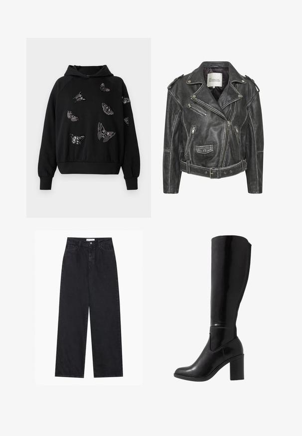 Melnas ādas moto jakas ar vairākiem rāvējslēdzējiem, jostu viduklī, plecu epauletēm un samta oderi.; Melnā kapučjaka ar brīvu piegulšanu, kuras priekšpusē un piedurknēs ir dažādi pērļu tauriņu dizaini sudraba un melnā krāsā.; Melni augsta vidukļa plaša kāju džinsi ar priekšējo pogu un rāvējslēdzēju, jostas cilpām un piecām kabatām.; Knee augstuma melni spīdīgi kurpes ar papēžiem, noapaļota purngala, gluda tekstūra, sānu izgriezuma detaļa un masīvs sakrauts papēdis.