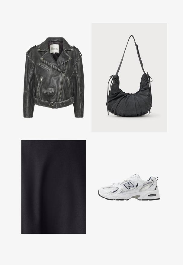 Musta nahkainen moottoripyörätakki, jossa on useita vetoketjuja, vyöllinen vyötärö, olkapäät ja satiinivuori.; Mustat epäsymmetriset topit ohuilla olkaimilla, joissa on herkkä pitsireunus kaula-aukossa, viistossa sauman kohdassa ja helmassa.; Mustaa kangasta, jossa on sileä, matta pinta. Pintassa on hieno kiilto, joka korostaa hienoa kudontaa ilman näkyviä kuvioita tai koristeita.; Valkoinen urheilushoe, jossa on verkkomateriaali päällä, laivastonsiniset yksityiskohdat ja pehmeä pohja. Varustettu "N"-logolla, nauhoilla ja teksturoidulla yksityiskohdalla sivussa.; Musta pehmeä kangaskuorilaukku, jossa on rypistettyjä yksityiskohtia, säädettävä olkahihna ja solmittavat nyörit kummallakin puolella, esiteltynä valkoista taustaa vasten.