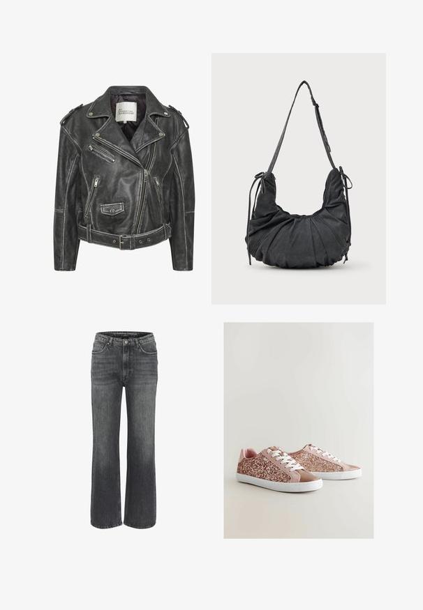 Crna kožna motociklistička jakna s više zatvarača, pojasom u struku, epauletama na ramenima i unutrašnjošću obloženom satenskim materijalom.; Crna asimetrična majica bez rukava s tankim trakama koja ima delikatnu čipkastu obrub oko dekoltea, dijagonalni šav i rub.; Široke traperice u tamno sivoj boji, s klasičnim pet džepnim dizajnom, prošivima i kopčanjem na dugme u struku.; Ružičaste tenisice s sjajnim ružičastim gornjim dijelom, glatkim detaljima, bijelim vezicama i bijelim gumenim potplatom. Uključuju teksture slične antilopu i zaobljeni vrh.; Crna mekana platnena torba za rame s nabrvanim detaljima, prilagodljivim remenom i vezicama sa strane, prikazana na bijeloj pozadini.