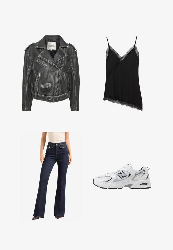 Černá kožená motorkářská bunda s několika zipy, opaskem v pase, epaulety na ramenou a saténovou podšívkou.; Černá asymetrická tílko s tenkými ramínky, které má jemnou krajkovou výšivku podél výstřihu, diagonální šev a lem.; Tmavě modré, vysoko-waist džíny s rozšířenými nohavicemi. Mají dvě přední kapsy se zlatými detaily a kontrastním šitím. Hladká textura.; Bílé sportovní boty s textilním svrškem, námořnickými akcenty a polstrovanou podrážkou. Obsahují logo "N", tkaničky a texturovaný detail na boku.