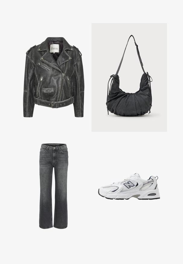 Černá kožená motorkářská bunda s několika zipy, opaskem v pase, epaulety na ramenou a saténovou podšívkou.; Černá asymetrická tílko s tenkými ramínky, které má jemnou krajkovou výšivku podél výstřihu, diagonální šev a lem.; Široké džíny v tmavě šedé denimové barvě, s klasickým designem pěti kapes, prošitými detaily a knoflíkovým zapínáním v pase.; Bílé sportovní boty s textilním svrškem, námořnickými akcenty a polstrovanou podrážkou. Obsahují logo "N", tkaničky a texturovaný detail na boku.; Černá měkká taška přes rameno s nařasenými detaily, nastavitelným popruhem a zavázanými šňůrkami po stranách, vystavená na bílém pozadí.
