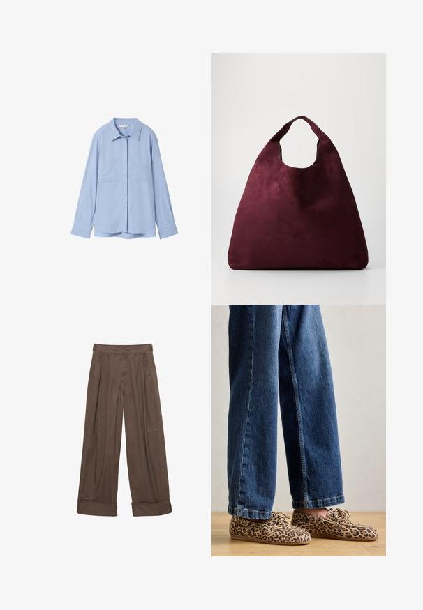 Zwarte leren motorjack met meerdere ritsen, een ceintuur in de taille, schouderepauletten en een satijnen voering.; Hemelsblauw overhemd met lange mouwen van zachte stof, voorzien van een puntige kraag, knoopsluiting en twee borstzakken.; Bruine wijde broek van katoen, met een knoopsluiting, geplooide voorkant en opgerolde manchetten voor een relaxte pasvorm.; Luipaardprint loafers van suede, met een ronde neus, vetersluiting en platte, flexibele zolen, gecombineerd met blauwe jeans.; Grote diep bordeauxrode suède handtas met een enkele brede handgreep en een slungelige driehoekige vorm op een effen achtergrond.