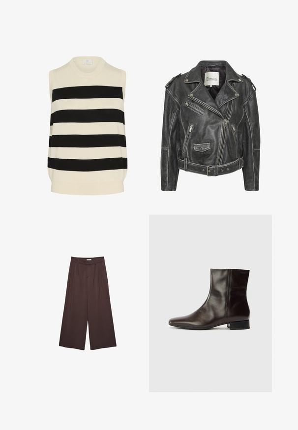 Giacca da motociclista in pelle nera con multiple zip, vita con cintura, spalline e interno foderato in satin.; Top senza maniche in design a righe crema e nero. Caratterizzato da un collo rotondo e una vestibilità comoda con una texture morbida.; Pantaloni ampi marroni realizzati in morbido tessuto, con pieghe in vita e tasche laterali. Silhouette sartoriale con una vestibilità comoda.; Stivaletto alla caviglia in pelle marrone con punta appuntita, texture liscia, tacco medio e design semplice. Stile minimalista senza decorazioni.