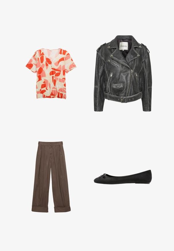 Schwarze Leder-Motorradjacke mit mehreren Reißverschlüssen, einem taillierten Gürtel, Schulterepauletten und einem satinierten Innenfutter.; Beige Bluse mit kurzen Ärmeln, abstrakten roten und pinken Formen und drei kleinen Knöpfen am Rundhalsausschnitt.; Braune weite Hosen aus Baumwolle mit Knopfverschluss, gefältelter Vorderseite und umgeschlagenen Säumen für einen entspannten Sitz.; Schwarze Wildleder-Balletschuhe mit abgerundeter Spitze, ausgestattet mit einer dekorativen Schleife vorne und einem flachen Sohlen-Design. Glatte Textur und klassisches Format.