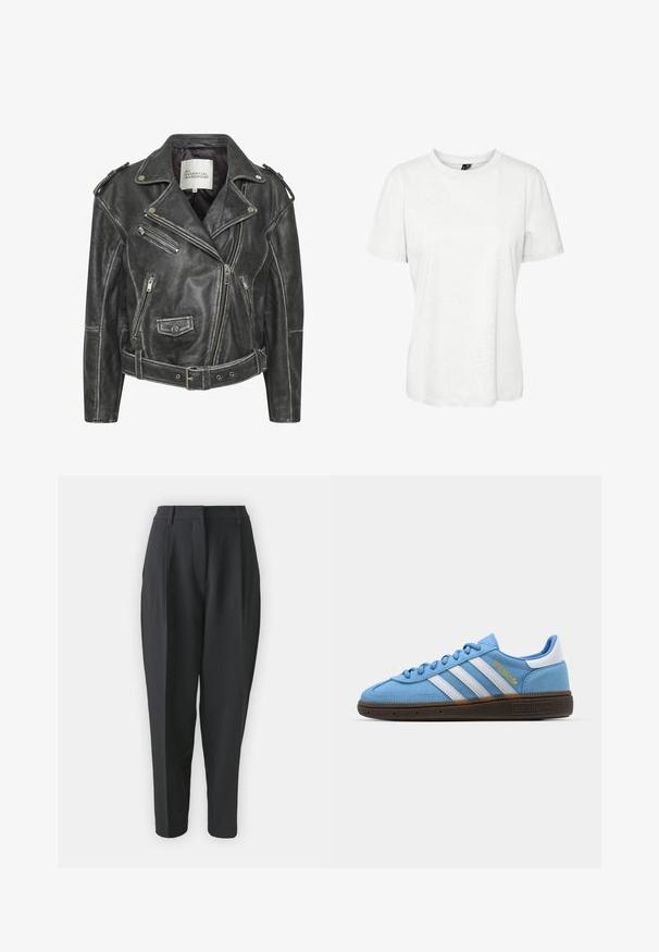 Schwarze Leder-Motorradjacke mit mehreren Reißverschlüssen, einem taillierten Gürtel, Schulterepauletten und einem satinierten Innenfutter.; Weißes, kurzärmliges T-Shirt aus Baumwolle mit rundem Ausschnitt und lockerer Passform. Glatte Textur und keine sichtbaren Muster oder Verzierungen.; Schwarze maßgeschneiderte Hose mit hoher Taille, Falten und schmalem Bein. Glattes Gewebe ohne sichtbare Muster oder Verzierungen.; Helles blaues Wildleder-Sneaker mit weißen Lederstreifen, einer braunen strukturierten Sohle und goldenen Logodetails. Niedrig geschnittenes Design mit runder Zehenpartie.