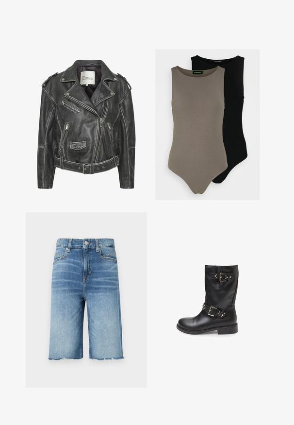 Czarna skórzana kurtka motocyklowa z wieloma zamkami błyskawicznymi, paskiem w talii, naramiennikami oraz satynową podszewką.; Dwa bezrękawnikowe body w oliwkowej zieleni i czerni. Wykonane z gładkiego materiału, z okrągłym dekoltem i wysokim krojem nogawki.; Jasnoniebieskie szorty dżinsowe z wyblakłym wykończeniem, pięcioma kieszeniami, surowym wykończeniem u dołu oraz kontrastowym przeszyciem.; Bata - Botki kowbojki i motocyklowe