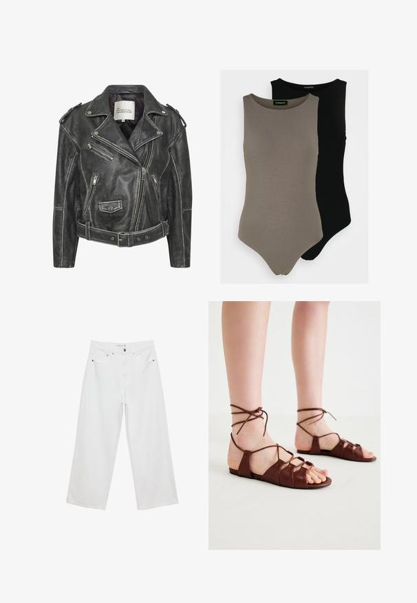 Svart lädermotorcykeljacka med flera dragkedjor, midjebälte, axelepaulettes och ett satinfoder inuti.; Två ärmlösa bodysuits i olivgrönt och svart. Tillverkade av mjukt tyg med rund halsringning och högskurna ben.; Vita vida jeans i denim med hög midja, med fem fickor och metalldetaljer. Slät textur, inga synliga mönster.; Bruna lädersandaler med korsade vristremmar, öppen tå-design, platt sula och flera band över framsidan för stöd.