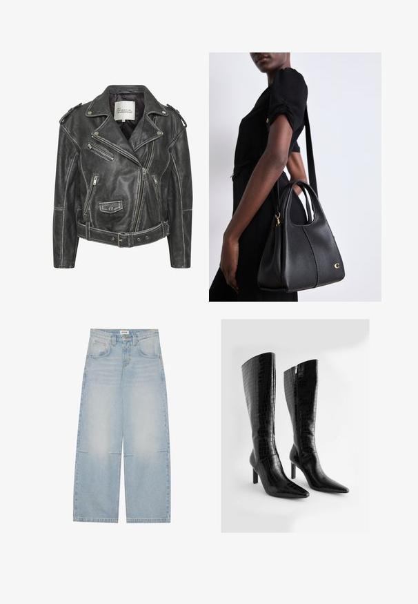 Musternahkade mootorrattajope, millel on mitmed tõmblukud, vöödiga talje, õlavarre epauletid ja satiinvooder.; Kaks ilma varrukat kehaülikonda oliivirohelises ja mustas värvitoonis. Valmistatud siledast kangast, ringja kaelusega ja kõrge lõikega jalgade disainiga.; Heled sinine laiad denim teksad kõrge vöökohaga, viie taskuga ja kerge hääbumisega; omaduseks kontrastne õmblus ja nööpkinnitus.; Knee-high musta faux nahast saapad krokodillimustriga, teravate varvaste ja siredate kõrgete kontsadega; omavad külgset tõmbluku sulgemist.; Mustmustest mustkott, millel on hobo kuju, sujuva tekstuuriga, ümar ülaosa ja kuldsete detailidega.