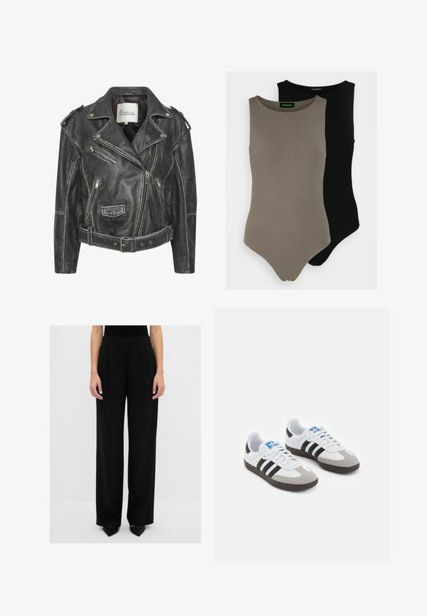 Zwarte leren motorjack met meerdere ritsen, een ceintuur in de taille, schouderepauletten en een satijnen voering.; Twee mouwloze bodysuits in olijfgroen en zwart. Gemaakt van een gladde stof met een ronde halslijn en een hoog uitgesneden beenontwerp.; Zwarte wijde broek van zachte stof, met voren geplooide details, een hoge taille en een op maat gemaakte snit.; Sportschoenen met een witte leren bovenkant, grijze suède neus en drie zwarte strepen. Bevat een blauw logo op de tong en een gestructureerde rubberen zool.