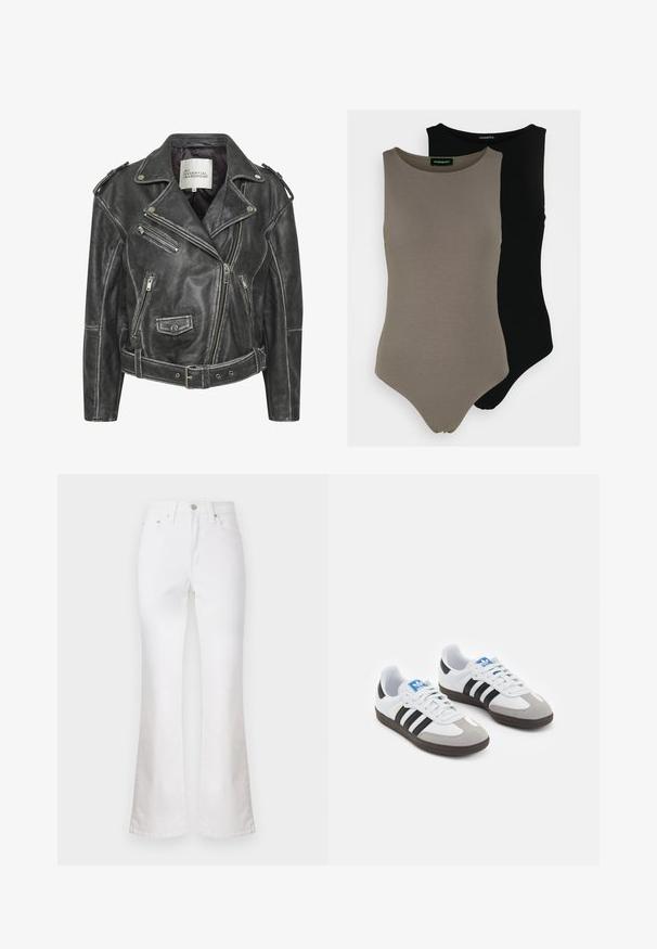 Sort lædermotorcykeljakke med flere lynlåse, bælte i taljen, skulderepauleter og satinforet inderside.; To sene uden ærmer bodysuits i olivengrøn og sort. Lavet af glat stof med en rund halsudskæring og et højt skåret ben design.; Hvide denim flared jeans med høj talje, med forlommer og lynlåslukning. Glat tekstur og rent, minimalistisk design.; Sportsko med en overdel i hvid læder, grå ruskind på tåen og tre sorte striber. Har et blåt logo på tungen og en struktureret gummisål.