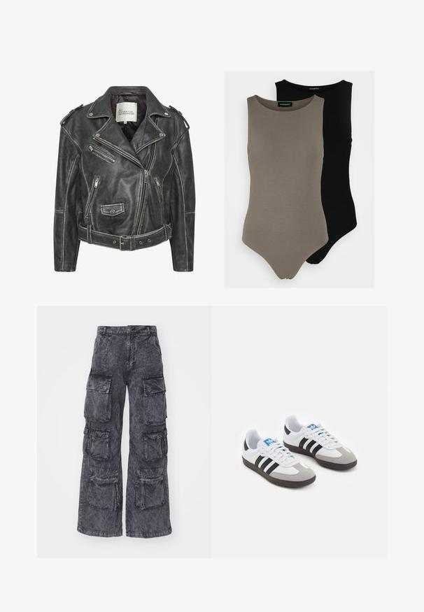 Black leather motorcycle jacket featuring multiple zippers, a belted waist, shoulder epaulettes, and a satin-lined interior.; Two sleeveless bodysuits in olive green and black. Made of smooth fabric with a round neckline and a high-cut leg design.; Alpha Industries MULTIPOCKET PANT - Cargo trousers - black; Sport shoes with a white leather upper, gray suede toe, and three black stripes. Features a blue logo on the tongue and a textured rubber sole.