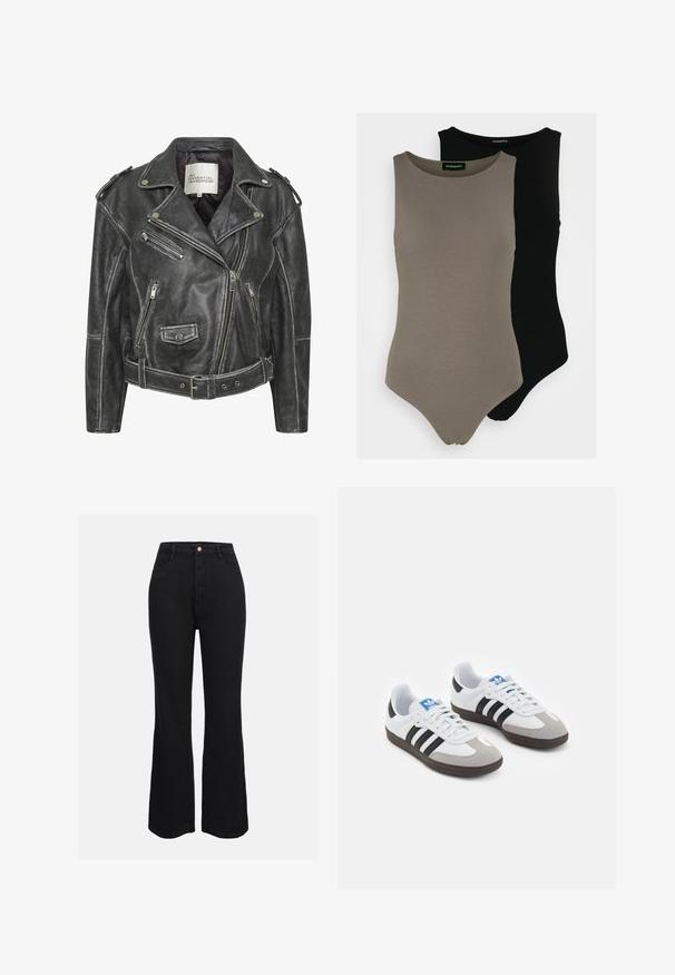 Juodas odinis motociklininkų švarkas su keliais užtrauktukais, diržo juosmeniu, pečių epauletėmis ir sateniniu pamušalu.; Du chambray beždžioninių bodysuit'ų, vienas alyvuogių žalios, kitas juodas. Pagaminti iš glotnaus audinio su apvaliu iškirpimu ir aukštu kirpimu ant kojų.; Juodi aukšto liemens platėjančio kirpimo džinsai, pagaminti iš džinsinio audinio, su tradicinėmis kišenėmis ir priekiniais mygtukais. Lygus paviršius ir vienoda spalva.; Sportiniai batai su balta odine viršutine dalimi, pilku zomšiniu priekiu ir trimis juodomis juostelėmis. Ant liežuvio yra mėlynas logotipas, o padas pagamintas iš tekstūruoto gumos.