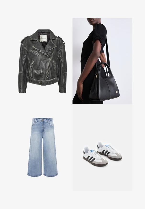 Musta nahkainen moottoripyörätakki, jossa on useita vetoketjuja, vyöllinen vyötärö, olkapäät ja satiinivuori.; Kaksi hihattomaa bodysuitia oliivinvihreänä ja mustana. Valmistettu sileästä kankaasta, jossa on pyöreä pääntie ja korkea lahkeiden leikkaus.; My Essential Wardrobe Leveälahkeiset - light blue retro wash; Urheilukengät, joissa on valkoinen nahkainen päällinen, harmaa mokkanokka ja kolme mustaa raitaa. Ominaisuuksina sininen logo kielekkeessä ja kuvioitu kumipohja.; Mustaknahkainen käsilaukku hobo-muodolla, jossa on sileä pinta, pyöristetty yläosa ja kultaiset metalliosat.