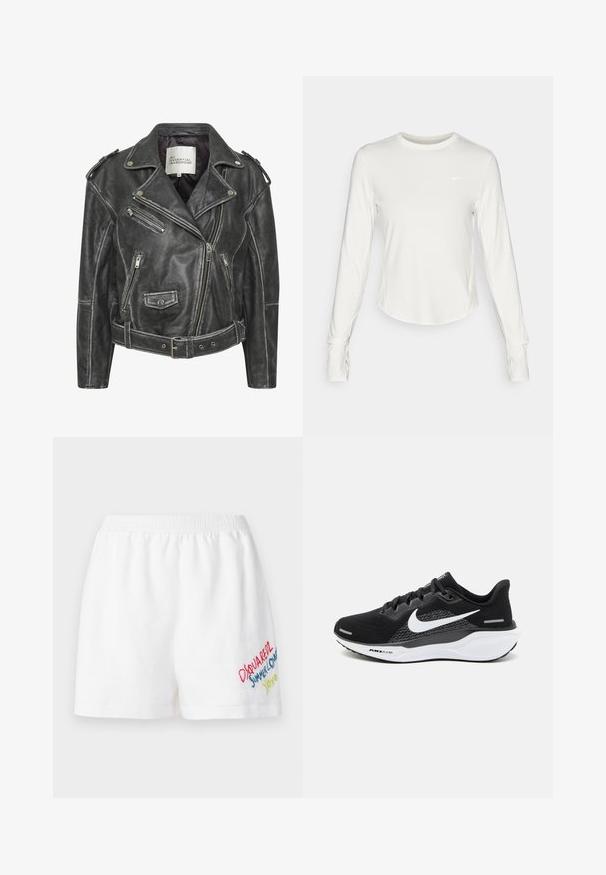 Musternahkade mootorrattajope, millel on mitmed tõmblukud, vöödiga talje, õlavarre epauletid ja satiinvooder.; Valge pika varrukaga spordipusa, mis on valmistatud siledast ja kergest materjalist. Omab ümmargust kaelust ja Nike logo rinnal.; Dsquared2 BAGGY - Lühikesed püksid - white; Mustad mustreeritud ülikondadega mustad sportlikud jalanõud, millel on võrkkangas, valge Nike logo ja valge pehmendatud tald tekstuursete detailidega.