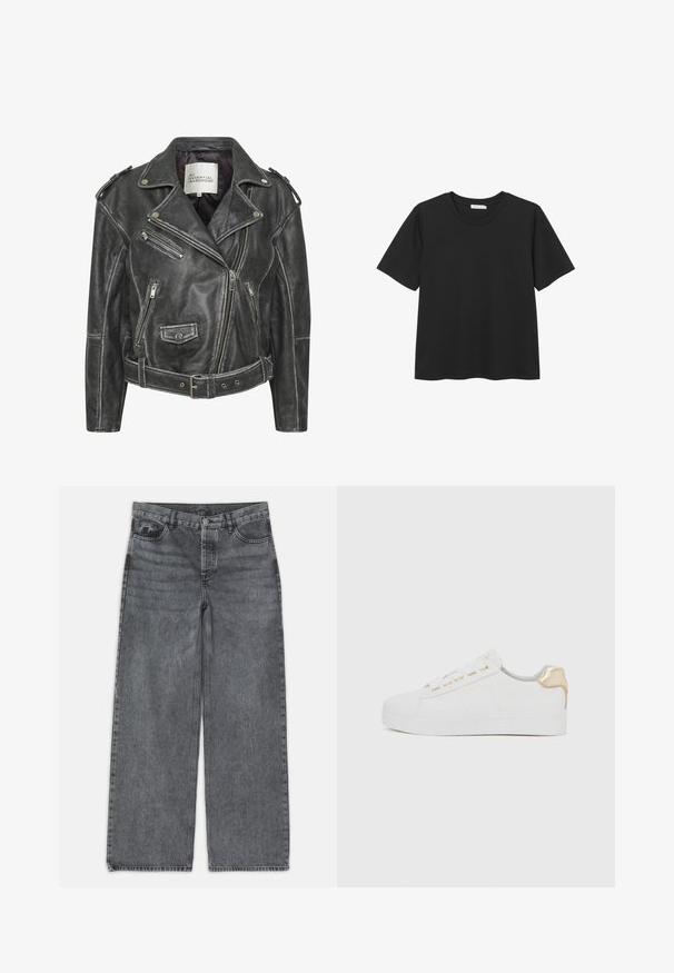 Black leather motorcycle jacket featuring multiple zippers, a belted waist, shoulder epaulettes, and a satin-lined interior.; Black short-sleeve T-shirt with a round neckline, made of soft cotton material, featuring a straight hem and no visible patterns or accents.; Wide-leg jeans in dark gray denim. Features a high waist, five-pocket design, and front button closure. Smooth texture with subtle fading.; White sneaker with a textured suede finish, flat sole, gold eyelets, and a gold accent on the heel. Simple, minimalist design.