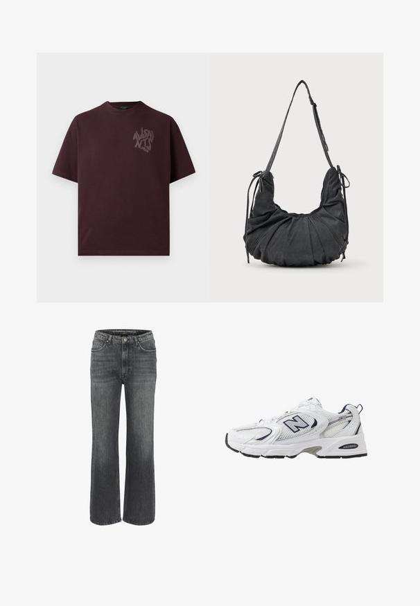 Juodas odinis motociklininkų švarkas su keliais užtrauktukais, diržo juosmeniu, pečių epauletėmis ir sateniniu pamušalu.; Burgundiškos spalvos medvilninė trumpomis rankovėmis, apvalia iškirpte, su subtiliu tamsesniu logotipu kairėje krūtinės pusėje.; Plačios kojų džinsai iš tamsiai pilkos džinsinės medžiagos, turintys klasikinį penkių kišenių dizainą, siuvinėjimo detales ir mygtuko užsegimą juosmens srityje.; Balti sportiniai batai su tinkliniu viršumi, tamsiai mėlynais akcentais ir paminkštintu padu. Yra "N" logotipas, raišteliai ir tekstūruota detalė šone.; Juodas minkštas audinys petinė krepšys su susiraukšlėjimais, reguliuojama dirželiu ir surištomis raišteliais kiekvienoje pusėje, rodoma ant baltos fono.