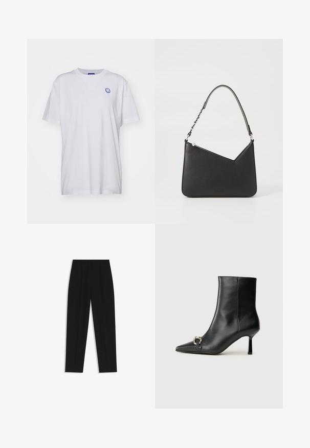 Musta nahkainen moottoripyörätakki, jossa on useita vetoketjuja, vyöllinen vyötärö, olkapäät ja satiinivuori.; Valkoinen puuvillainen t-paita lyhyillä hihoilla, pyöreällä kaula-aukolla ja sinisellä hymyilevällä kasvo-logolla vasemmalla rintapielessä. Yksinkertainen kangas ilman kuvioita.; Mustat housut suoran istuvuuden kanssa, joissa on kaksinkertaiset laskokset, sileä pinta ja klassinen vyötärönauhan muotoilu. Ei näkyviä metalliosia tai koristeita.; Musta nahkasaapas nilkkapituisilla, terävillä kärjillä, hoikalla keskipituisella korolla ja hopeavöillä sivussa yksinkertaista taustaa vasten.; Musta nahkakäekott kolmnurga kujuga, peene rihmaga ja hõbedaste detailidega. Omab lukuga sulgemist ja esiküljel on reljeefne logo.