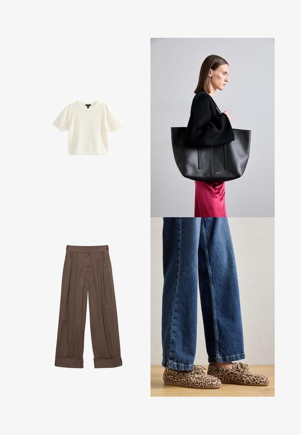 Czarna skórzana kurtka motocyklowa z wieloma zamkami błyskawicznymi, paskiem w talii, naramiennikami oraz satynową podszewką.; Krótki rękaw, miękki biały sweter z fakturowanej tkaniny, okrągłym dekoltem i bufkami na ramionach. Gładkie wykończenie, casualowy design.; Brązowe szerokie spodnie wykonane z bawełny, z zapięciem na guziki, plisowanym przodem i podwiniętymi mankietami dla swobodnego fasonu.; Mokasyny w panterkę wykonane z zamszu, z okrągłym noskiem, sznurowanym zapięciem i płaską, elastyczną podeszwą, w zestawieniu z niebieskimi dżinsami.; Czarna skórzana torba tote o teksturowanym wykończeniu, z dwoma pionowymi liniami, podwójnymi paskami na ramię i minimalistycznym designem.