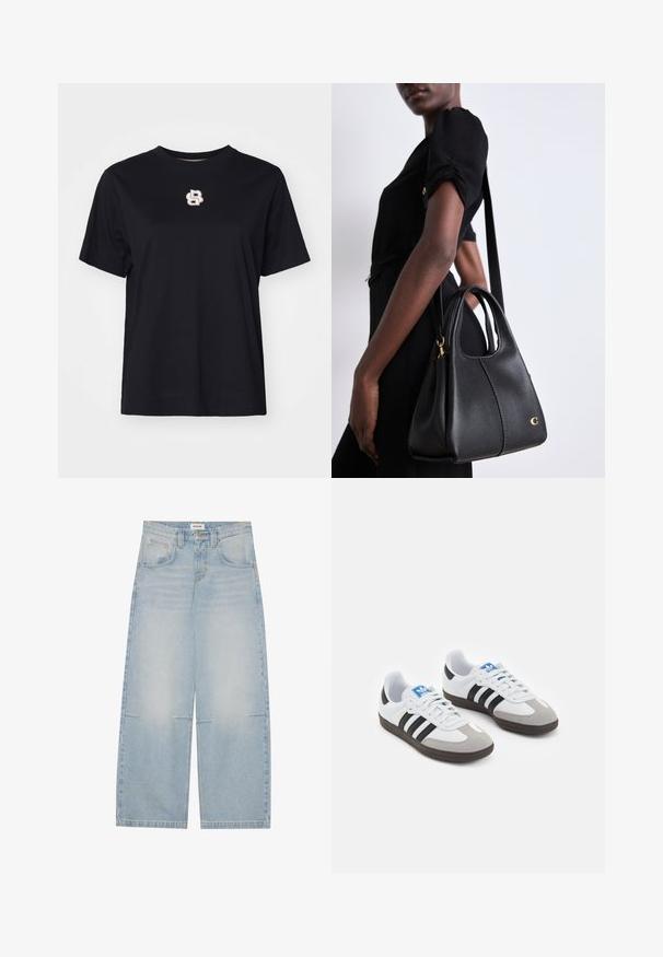 Sort lædermotorcykeljakke med flere lynlåse, bælte i taljen, skulderepauleter og satinforet inderside.; Sort bomulds T-shirt med korte ærmer, rund halsudskæring og et lille broderet logo i hvidt og guld på brystet.; Lysblå denim jeans med vid ben og høj talje, fem lommer og diskret slid; har kontrastsyninger og knaplukning.; Sportsko med en overdel i hvid læder, grå ruskind på tåen og tre sorte striber. Har et blåt logo på tungen og en struktureret gummisål.; Sort læder håndtaske med hobo-form, der har en glat tekstur, rund top og guldfarvede detaljer.