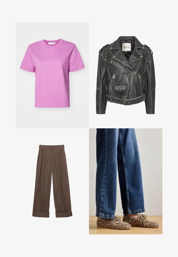 Crna kožna motociklistička jakna s više zatvarača, pojasom u struku, epauletama na ramenima i unutrašnjošću obloženom satenskim materijalom.; T-maica kratkih rukava s uskim izrezom u svijetloružičastoj boji, izrađena od pamuka, s glatkom teksturom i ravnim krojem. Jednostavan dizajn, bez dodatnih akcenta.; Smešane smešane hlače od pamuka sa dugmetom, nabranim prednjim dijelom i prevrnutim manžetama za opušteni izgled.; Loaferi s uzorkom leopardove kože, izrađeni od antilopa, s okruglim vrhom, vezanjem i ravnim, fleksibilnim đonovima, kombinirani s plavim trapericama.