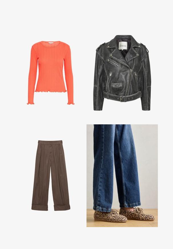 Black leather motorcycle jacket featuring multiple zippers, a belted waist, shoulder epaulettes, and a satin-lined interior.; Coral long-sleeve top with ribbed texture. Features a round neckline and ruffled edges at the cuffs and hem. Lightweight fabric.; Brown wide-leg trousers made of cotton, featuring a button closure, pleated front, and rolled cuffs for a relaxed fit.; Leopard print loafers made of suede, featuring a rounded toe, lace-up design, and flat, flexible soles, paired with blue denim jeans.