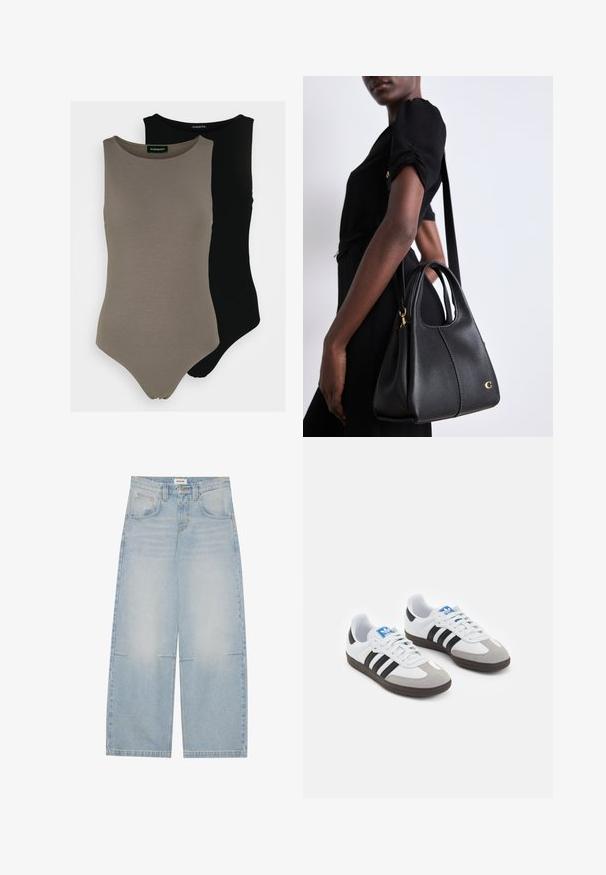 Musternahkade mootorrattajope, millel on mitmed tõmblukud, vöödiga talje, õlavarre epauletid ja satiinvooder.; Kaks ilma varrukat kehaülikonda oliivirohelises ja mustas värvitoonis. Valmistatud siledast kangast, ringja kaelusega ja kõrge lõikega jalgade disainiga.; Heled sinine laiad denim teksad kõrge vöökohaga, viie taskuga ja kerge hääbumisega; omaduseks kontrastne õmblus ja nööpkinnitus.; Spordijalatsid valge nahkpealsega, halli nubuk-naha otsaga ja kolme musta triibuga. Omab sinist logo keele peal ja struktureeritud kummitalda.; Mustmustest mustkott, millel on hobo kuju, sujuva tekstuuriga, ümar ülaosa ja kuldsete detailidega.