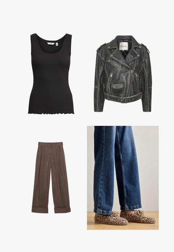 Zwarte leren motorjack met meerdere ritsen, een ceintuur in de taille, schouderepauletten en een satijnen voering.; Zwarte geribde tanktop met een ronde halslijn en een gegolfde zoom. Gemaakt van rekbare stof, met brede schouderbanden voor comfort.; Bruine wijde broek van katoen, met een knoopsluiting, geplooide voorkant en opgerolde manchetten voor een relaxte pasvorm.; Luipaardprint loafers van suede, met een ronde neus, vetersluiting en platte, flexibele zolen, gecombineerd met blauwe jeans.