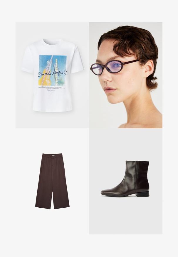 Svart lädermotorcykeljacka med flera dragkedjor, midjebälte, axelepaulettes och ett satinfoder inuti.; Vit bomull t-shirt med en färgglad grafik av två glasflaskor med sugrör och texten "Låter Perfekt!" i en fet stil.; Bruna vida byxor i mjukt tyg, med veck vid midjan och sidofickor. Skräddarsydd silhuett med en bekväm passform.; Brun läderankelboots med spetsig tå, slät textur, medelhög klack och enkel design. Minimalistisk stil utan dekorationer.; Bruna, ovalformade glasögon med transparenta lila linser; stilren design och mjuk yta. Bärs av en person med kort, vågigt hår.