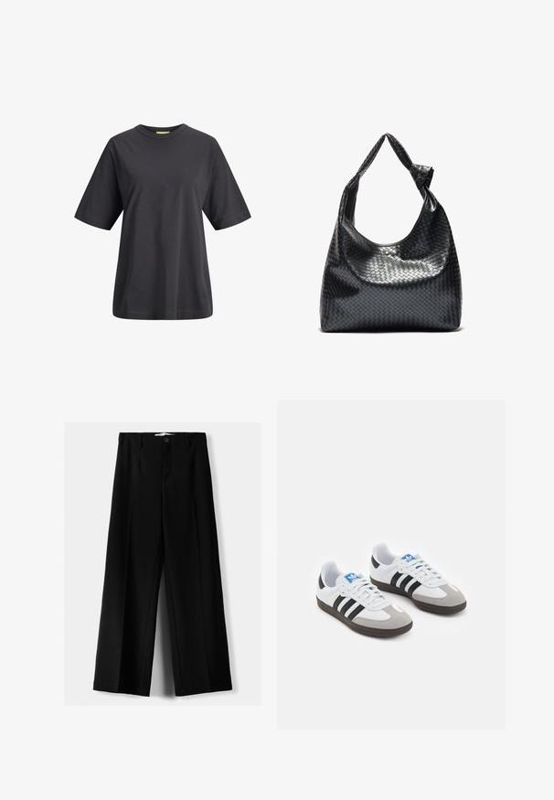 Čierna kožená motorkárska bunda s viacerými zipsami, opaskom v páse, ramennými epauletmi a saténovo podšívaným interiérom.; Čierne bavlnené tričko s oválnym výstrihom, krátkymi rukávmi a voľným strihom. Hladká textúra a jednoduchý dizajn bez potlače alebo vzorov.; Čierne široké nohavice z ľahkého materiálu, s predným zapínaním na gombík a plochým predným dielom, s pekne ušitými lemami.; Športové topánky s bielym koženým zvrškom, šedou semišovou špičkou a tromi čiernymi pruhmi. Obsahujú modré logo na jazyku a štruktúrovanú gumovú podrážku.; Čierna tkaná kožená kabelka s voľným dizajnom, vybavená uzlovou rukoväťou a malým dekoratívnym zlatým nýtom na vrchu.