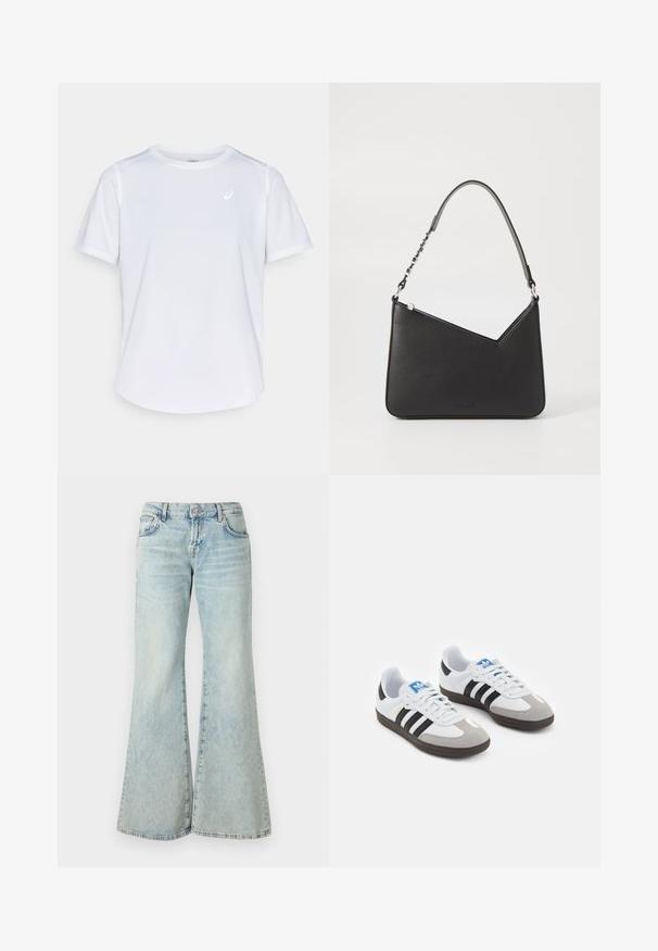 Černá kožená motorkářská bunda s několika zipy, opaskem v pase, epaulety na ramenou a saténovou podšívkou.; Bílý sportovní tričko, krátké rukávy, kulatý výstřih, vyrobené z tkaniny odvádějící vlhkost, s malým logem na hrudi, lehká textura.; Světle modré zvonové džíny vyrobené z denimu, s vysokým pasem, kapsami a roztrhanými lemy. Tkanina má vybledlý omak a jemnou strukturu.; Sportovní boty s bílým koženým svrškem, šedou semišovou špičkou a třemi černými pruhy. Obsahují modré logo na jazyku a texturovanou gumovou podrážku.; Černá kožená kabelka trojúhelníkového tvaru, se štíhlým popruhem a stříbrnými kovovými prvky. Obsahuje zipové uzavření a embosované logo na přední straně.