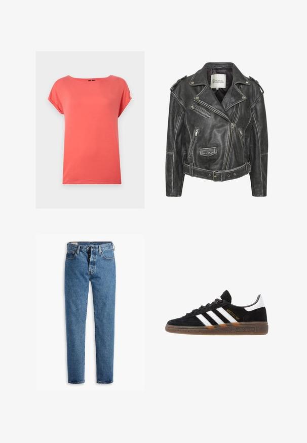 Zwarte leren motorjack met meerdere ritsen, een ceintuur in de taille, schouderepauletten en een satijnen voering.; Koraalkleurig T-shirt met korte mouwen met een relaxed fit, ronde halslijn en een zachte textuur. Geen zichtbare patronen of hardware-details.; Lichtblauwe spijkerbroek met een rechte snit, vijf zakken en een standaard knoopsluiting. Heeft oranje stiksels en een licht vervaagde textuur.; Zwarte Adidas sneaker met witte strepen, gouden "Spezial" tekst, gumzool en witte hieltab, weergegeven in zijaanzicht.