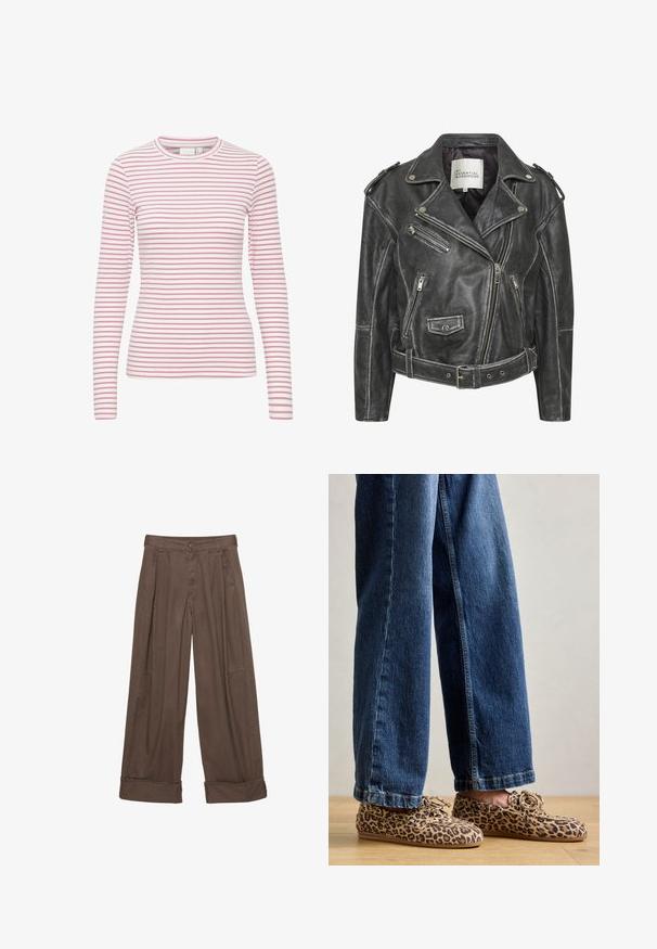 Giacca da motociclista in pelle nera con multiple zip, vita con cintura, spalline e interno foderato in satin.; T-shirt a maniche lunghe a righe, con righe orizzontali rosa e bianche, collo rotondo, tessuto morbido e silhouette aderente.; Pantaloni larghi marroni in cotone, con chiusura a bottone, motivo plissè frontale e orli arrotolati per una vestibilità rilassata.; Mocassini con stampa leopardata in suede, con punta rotonda, design con lacci e suole piatte e flessibili, abbinati a jeans di denim blu.