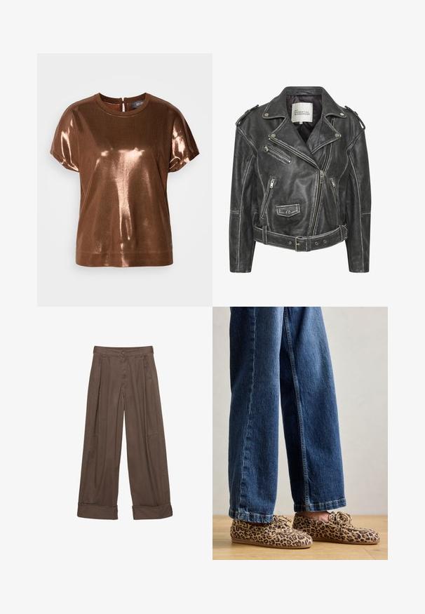 Černá kožená motorkářská bunda s několika zipy, opaskem v pase, epaulety na ramenou a saténovou podšívkou.; Mos Mosh O NECK TEE - Triko s potiskem - copper; Hnědé široké kalhoty vyrobené z bavlny, s knoflíkovým zapínáním, pleteným předním dílem a ohrnutými manžetami pro uvolněný střih.; Mokasíny s leopardím potiskem vyrobené z semiše, s kulatou špičkou, šněrovacím designem a plochými, flexibilními podrážkami, spárovány s modrými džíny.