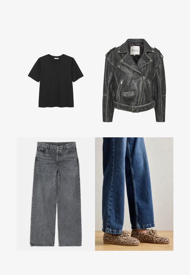 Sort lædermotorcykeljakke med flere lynlåse, bælte i taljen, skulderepauleter og satinforet inderside.; Sort kortærmet T-shirt med rund halsudskæring, lavet af blødt bomuldsstof, med en lige kant og ingen synlige mønstre eller accenter.; Bredde ben jeans i mørkegrå denim. Har høj talje, fem lomme design og forneden knaplukning. Glat tekstur med subtil fading.; Læderloafers med leopardmønster, lavet af ruskind, med rund tå, snøre-design og flade, fleksible såler, parret med blå denim jeans.