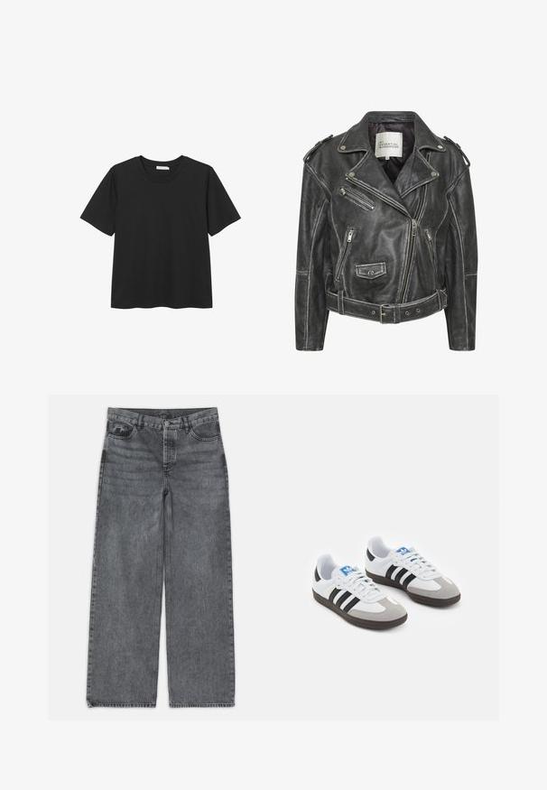 Czarna skórzana kurtka motocyklowa z wieloma zamkami błyskawicznymi, paskiem w talii, naramiennikami oraz satynową podszewką.; Czarny krótki rękaw T-shirt z okrągłym dekoltem, wykonany z miękkiego materiału bawełnianego, z prostym dołem i bez widocznych wzorów ani akcentów.; Jeans typu wide-leg w ciemnoszarej dżinsowej tkaninie. Posiadają wysoki stan, pięć kieszeni oraz zapięcie na guzik z przodu. Gładka faktura z delikatnym przetarciem.; Buty sportowe z białą skórzaną cholewką, szarym zamszowym noskiem i trzema czarnymi paskami. Posiadają niebieskie logo na języku oraz teksturowaną gumową podeszwę.