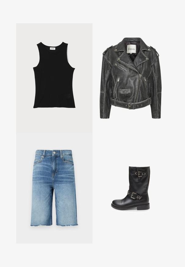 Jachetă de motociclist din piele neagră, cu multiple fermoare, talie cu curea, epauleți pe umeri și interior căptușit cu satin.; Top de bumbac negru cu dantelă, cu decolteu rotund și bretele late, având un finisaj texturat subtil și un detaliu mic din plasă la tiv.; Shorts din denim de culoare albastră deschisă, cu un finisaj uzat, design cu cinci buzunare, margine brută și detalii cu cusături în contrast.; Bata Botine cowboy/biker - nero