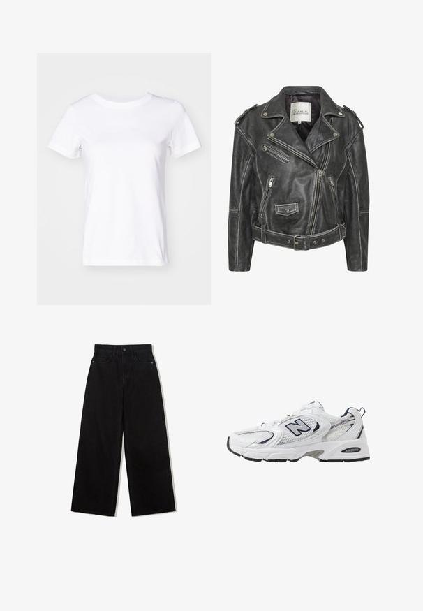 Svart lädermotorcykeljacka med flera dragkedjor, midjebälte, axelepaulettes och ett satinfoder inuti.; Vit bomull T-shirt med korta ärmar, rund hals och diskret logotext på framsidan. Slät yta, klassisk passform.; Svarta vida jeans av denim med hög midja, med en femficksdesign och en enkel knappstängning framtill.; Vit sportskor med överdel i mesh, marinblå accenter och dämpad sula. Har "N"-logotyp, snörning och texturerad detalj på sidan.