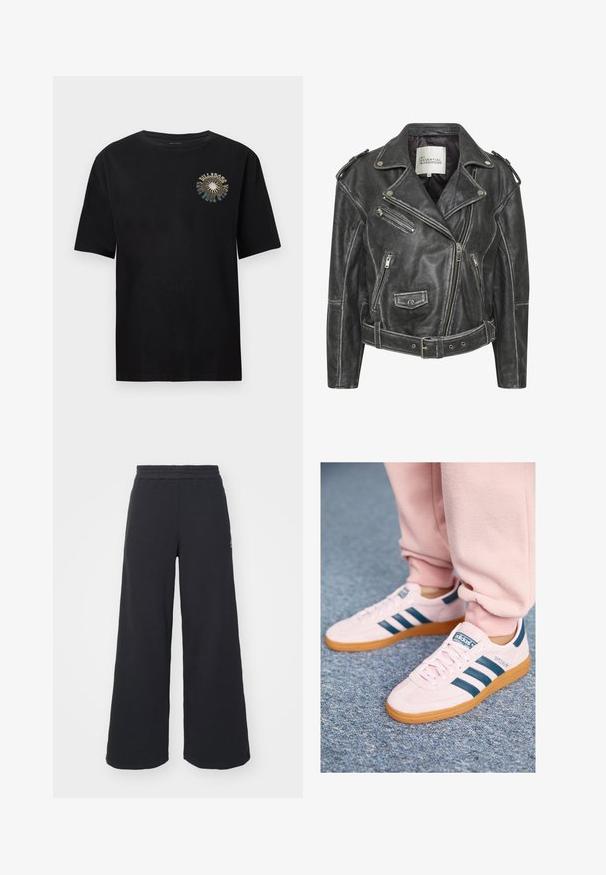 Black leather motorcycle jacket featuring multiple zippers, a belted waist, shoulder epaulettes, and a satin-lined interior.; Black short-sleeve T-shirt made of soft cotton. Features a colorful graphic print on the chest with "BULLDOGS" text. Classic crew neck.; Black wide-leg sweatpants made from soft fabric, featuring an elastic waistband and a small logo on the left side.; Light pink suede sneakers with dark blue leather stripes and a gum sole. Features include flat laces and branding on the side and tongue.