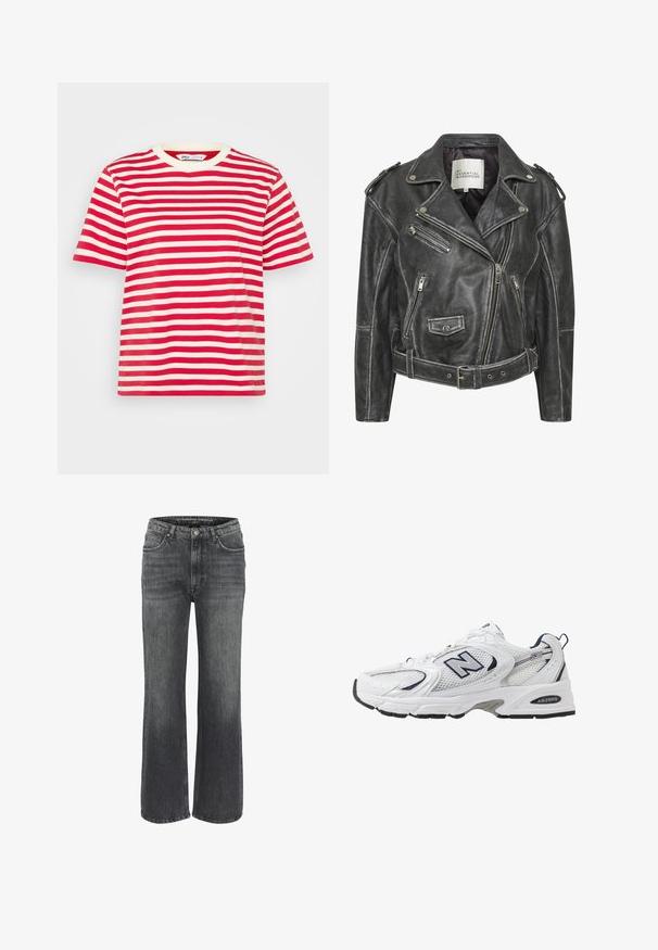 Zwarte leren motorjack met meerdere ritsen, een ceintuur in de taille, schouderepauletten en een satijnen voering.; Rood-wit gestreepte t-shirt met een ronde hals en korte mouwen, met een zachte katoenstructuur en een ontspannen pasvorm.; Wijd uitgesneden jeans in donkergrijze denim, met een klassieke vijf-pocketontwerp, gestikte details en een knoopsluiting in de taille.; Witte sport schoen met mesh bovenkant, marineblauwe accenten en een gehoorzaamde zool. Bevat het "N" logo, veters en een gestructureerde detail aan de zijkant.