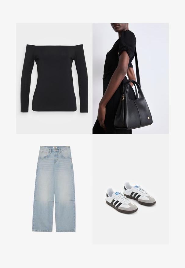 Black leather motorcycle jacket featuring multiple zippers, a belted waist, shoulder epaulettes, and a satin-lined interior.; Black long-sleeve top with an off-the-shoulder design, made from a smooth, stretchy fabric, featuring a fitted silhouette and no visible patterns.; Light blue wide-leg denim jeans with a high waist, five pockets, and subtle fading; features contrast stitching and a button closure.; Sport shoes with a white leather upper, gray suede toe, and three black stripes. Features a blue logo on the tongue and a textured rubber sole.; Black leather handbag with a hobo shape, featuring a smooth texture, rounded top, and gold hardware accents.