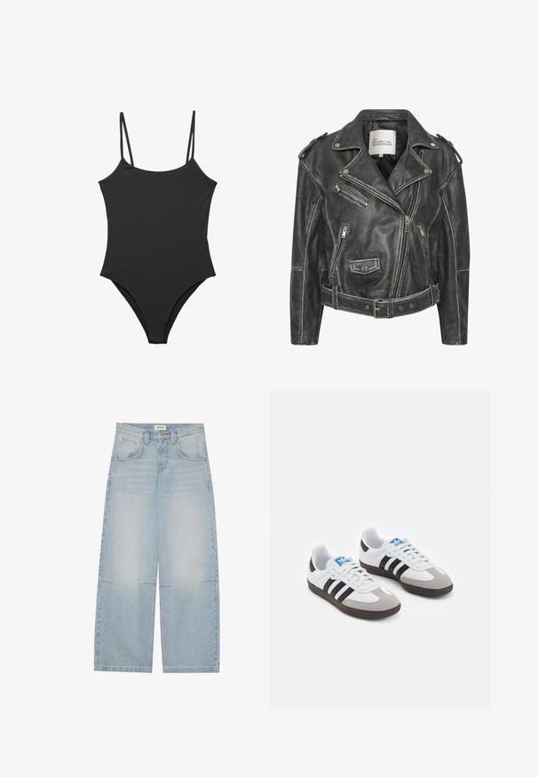 Czarna skórzana kurtka motocyklowa z wieloma zamkami błyskawicznymi, paskiem w talii, naramiennikami oraz satynową podszewką.; Czarny jednoczęściowy strój kąpielowy z cienkimi, regulowanymi ramiączkami, gładką tkaniną i wysokim krojem nogawek. Minimalistyczny styl bez ozdób.; Jasnoniebieskie dżinsy o szerokich nogawkach z wysokim stanem, pięcioma kieszeniami i delikatnym wyblaknięciem; mają kontrastowe przeszycia i zapięcie na guzik.; Buty sportowe z białą skórzaną cholewką, szarym zamszowym noskiem i trzema czarnymi paskami. Posiadają niebieskie logo na języku oraz teksturowaną gumową podeszwę.