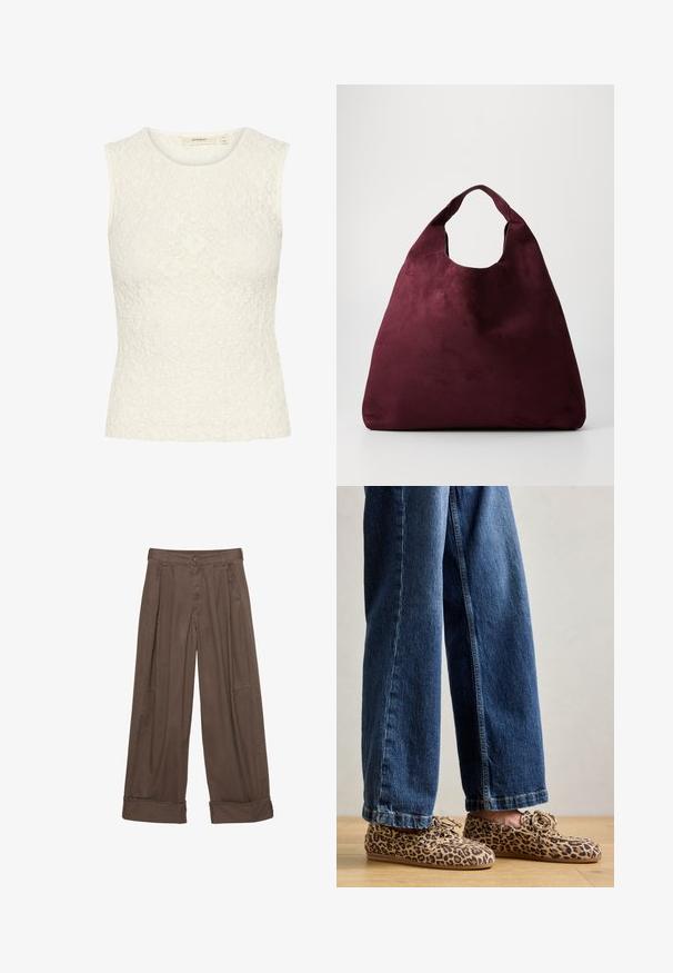 Čierna kožená motorkárska bunda s viacerými zipsami, opaskom v páse, ramennými epauletmi a saténovo podšívaným interiérom.; Bezručkový top z bielej čipky s textúrovaným kvetinovým vzorom. Tvarovaný strih, okrúhly výstrih a hladké okraje lemovania.; Hnedé široké nohavice vyrobené z bavlny, s uzáverom na gombík, skladaným predným dielom a obrúbenými manžetami pre uvoľnený strih.; Loaferi s leopardím vzorom vyrobené z nubuku, s okrúhlou špičkou, šnurovaním a plochými, flexibilnými podrážkami, skombinované s modrými džínami.; Veľká hlboká bordová zamatová kabelka s jedným širokým uchom a uvoľneným trojuholníkovým tvarom na jednoduchom pozadí.