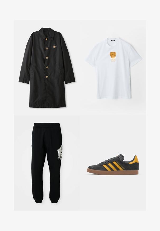 Sort frakke lavet af glat stof, med krave, gyldne knapper og to sidelommer med en dekorativ accent på brystet.; Hvid kortærmet t-shirt med guld Medusa-hoved logo og teksten "Versace Est. 1978 Milano" centreret på brystet.; Sorte sweatpants lavet af blødt stof, med en ribbet talje og manchetter. Inkluderer et grafisk print i hvid og grå på venstre ben.; Sort suedet sneaker med gule accenter, der har tre striber og en brun gummisål. Inkluderer en polstret tunge for komfort.