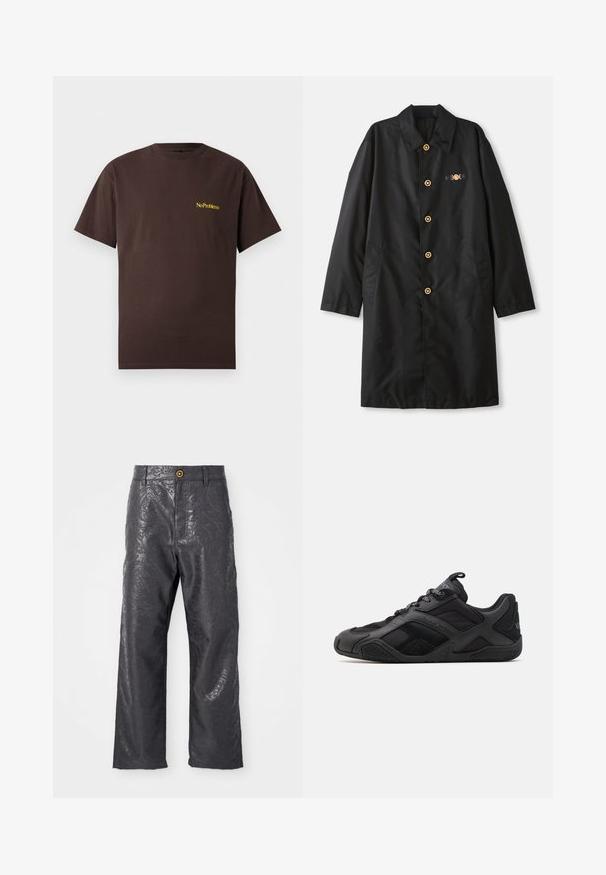 Černý kabát vyrobený z hladké látky, s límečkem, zlatými knoflíky a dvěma bočními kapsami s dekorativním akcentem na hrudi.; No Problemo MINI TEE - Jednoduché tričko - brown; Černé kalhoty s lesklým, strukturovaným povrchem, který má složitý vzor. Navrženy s rovný střih a jednořadým zapínáním na knoflík v pase.; Černé sportovní boty s kombinací hladkých a texturovaných materiálů, mají výrazný design, tvarovanou podrážku a významné brandingové detaily.
