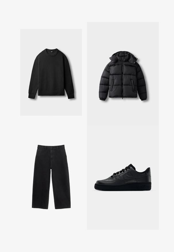 Czarna kurtka puchowa z zamkiem z przodu, wysokim kołnierzem i zatrzaskami. Posiada poziome przeszycia i dwie kieszenie z przodu. Miękki, ocieplany materiał.; Czarny, dziany sweter z okrągłym dekoltem, z długimi rękawami oraz ściągaczami przy mankietach, dolnej części i kołnierzu, wyeksponowany na jasnym tle.; Czarne dżinsowe spodnie o szerokich nogawkach z wysokim stanem, z przednim zapięciem na guzik i standardowymi kieszeniami. Gładka tekstura i proste linie.; Czarne sneakersy Nike Air Force 1 z górną częścią wykonaną z gładkiej skóry, perforowanym noskiem dla lepszej wentylacji, czarnymi sznurówkami oraz teksturowaną gumową podeszwą.