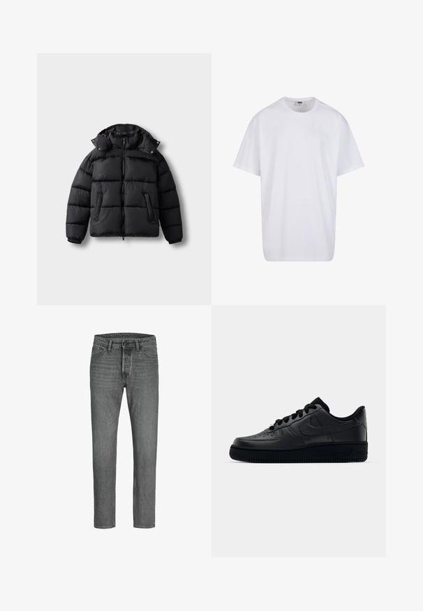 Juodas pūkinis švarkas su užtrauktuku priekyje, aukšta apykakle ir snapeliais. Yra horizontalios siuvinėjimo linijos ir dvi priekinės kišenės. Minkšta, izoliuota medžiaga.; Balta medvilninė marškinėlių užsagėlė su trumpomis rankovėmis, apvaliu kaklu, laisva forma ir be matomų logotipų ar raštų. Lygi tekstūra ir minimalus dizainas.; Pilki džinsai su tiesiais kirpimais, penkių kišenių dizainu ir metaliniu mygtuko uždarymu. Gerai dėvėta tekstūra ir subtilus blukimas visame paviršiuje.; Juodi Nike Air Force 1 sportbačiai su lygia odine viršutine dalimi, perforuotu kepurėle kvėpuojamumui, juodomis raištelėmis ir tekstūruotu guminį padu.
