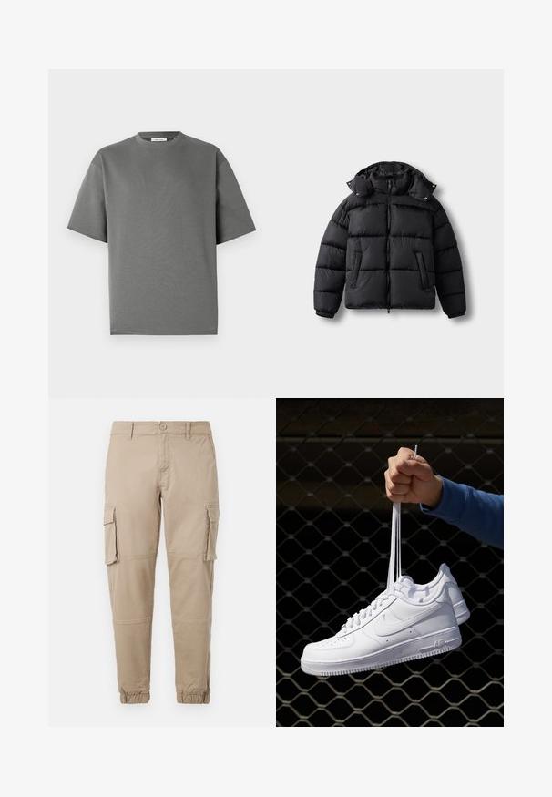 Giacca puffer nera con zip frontale, colletto alto e bottoni a pressione. Presenta trapuntature orizzontali e due tasche frontali. Materiale morbido e isolante.; T-shirt grigio a maniche corte realizzato in morbido cotone, con scollo rotondo e una vestibilità comoda, caratterizzato da dettagli di cucitura minimi.; Pantaloni cargo beige in un leggero cotone. Presentano polsini elasticizzati, molteplici tasche laterali e una chiusura con bottone.; Sneakers in pelle bianca con perforazioni, punta rotonda, suola piatta e lacci spessi, con logo swoosh visibile e "AIR" sul tallone.