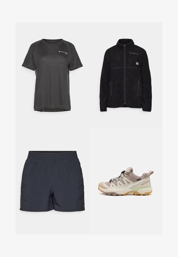 Must musta jope tekstuuriga pinnaga, täispikk tõmblukk, püstkrae, kaks küljetaskut ja väike rinnatasku näpitsaga kinni. ; Lühikeste varrukatega sportlik särk tumehallis, millel on tekstuuriga kangas, raglan varrukad ja väike logo ees vasakul küljel.; Tumedatest hallist kangast lühikesed püksid, mis on valmistatud kergest materjalist, elastse vöökohtaga, küljetaskute ja lukudega ning sirge lõikega.; Kerge matkasaapad beeži ja mündiroheline disainiga. Tekstige ülaserv, kummist välistald, kiire lukkussüsteem ja kontrastsed kollased aktsendid.