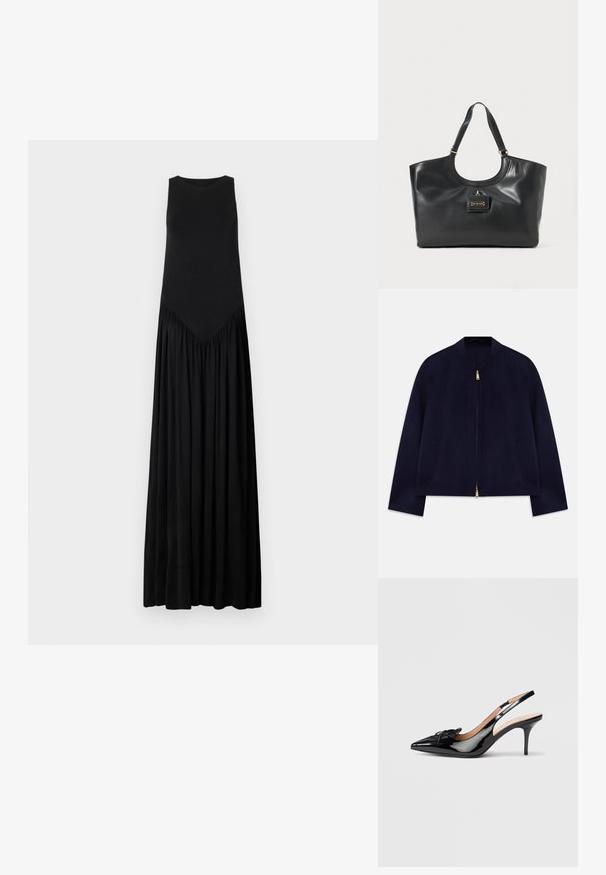 Tummansininen pommikavereiden takki, jossa on pyöreä kaulus, vetoketjukiinnitys, kaksi sivutaskua ja kultaiset varusteet. Sileä, kevyt kangas.; Musta hihaton maksimekko, jossa on tiukka yläosa, V-muotoinen sauma vyötäröllä ja virtaava kerätty helma. Su smooth rakenne.; Mustan patent-nahkaiset slingback-korkokengät, joissa on terävä kärki ja koristelusolmu vampissa. Varusteena hoikka stilettokorko.; Musta nahkainen käsilaukku, jossa on kiiltävä pinta, kaareva yläosa, kaksi olkahihnaa ja kultasävyinen varuste edessä.