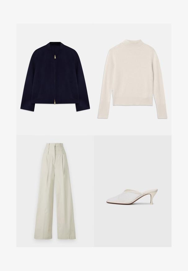 Chaqueta bomber azul marino con cuello redondo, cierre de cremallera completo, dos bolsillos laterales y detalles en dorado. Tela suave y ligera.; Suéter de punto color crema con un cuello alto, puños y dobladillo acanalados. Diseño sencillo, textura suave y longitud corta.; Pantalones de pierna ancha en color beige, fabricados con un material suave, que presentan una cintura alta con tres bandas horizontales y pliegues frontales.; Mule blanco de malla con punta afilada, tacón medio y diseño de fácil colocación contra un fondo liso.